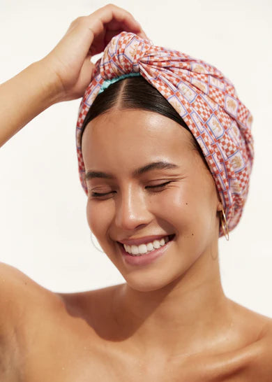 Dahlia Shower Cap | Orange Palm Check (Larger Size)