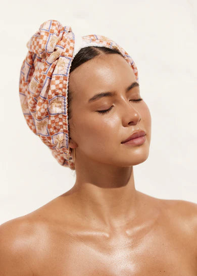 RIVA Hair Towel Wrap | Orange Palm Check