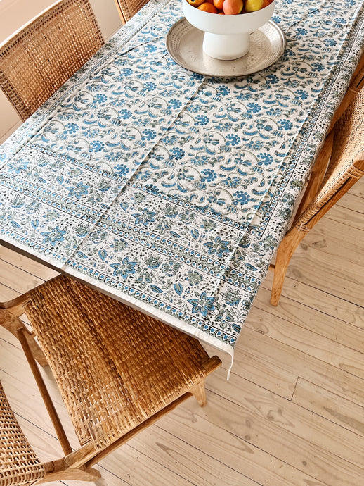 Block Printed Cotton Tablecloth | Green & Blue
