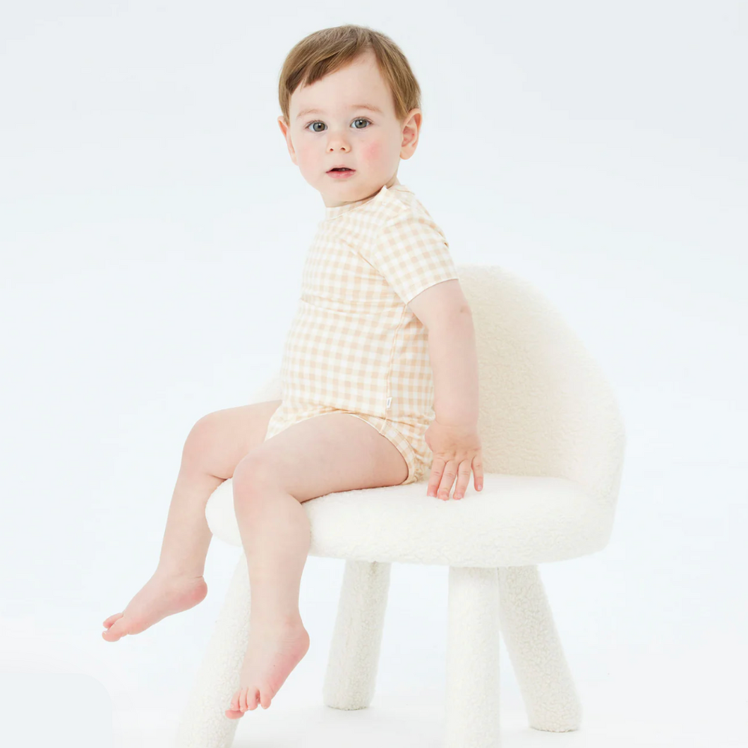 Comfy Bodysuit Short Sleeve | Neutral Gingham